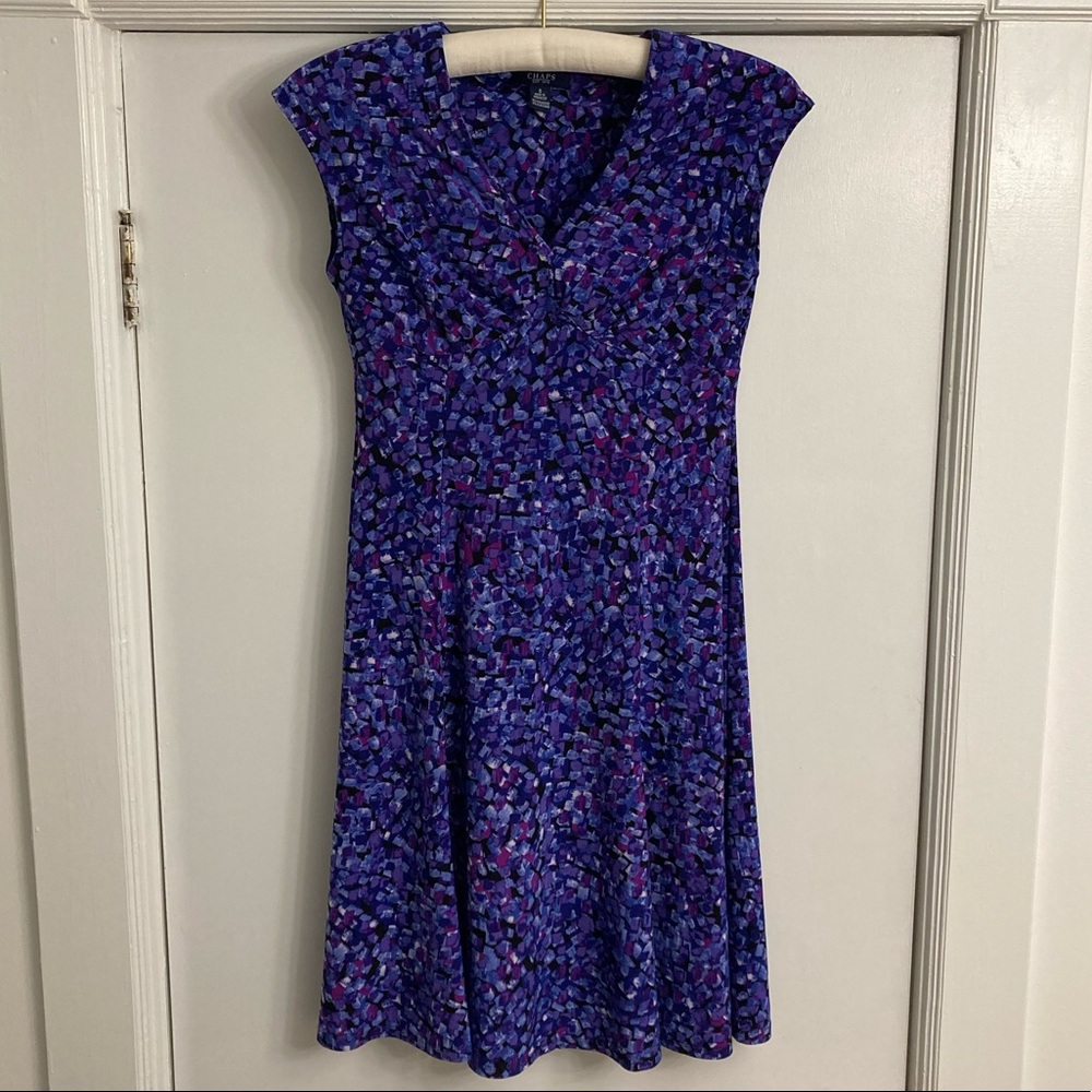 Chaps empire waist, knee-length dress in purple pattern, S